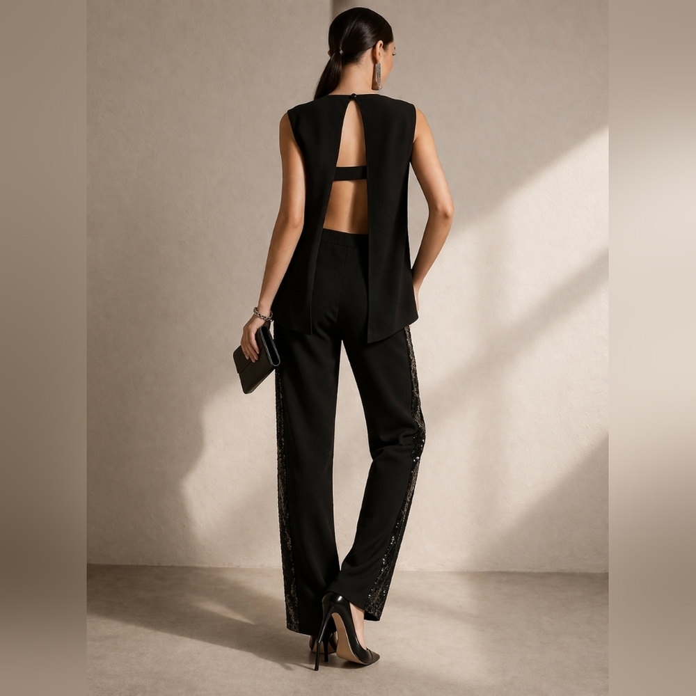 BCBGMAXAZRIA Mirabella Black Jumpsuit NWT Sequin Side Panels Sleeveless Size L - Picture 15 of 16